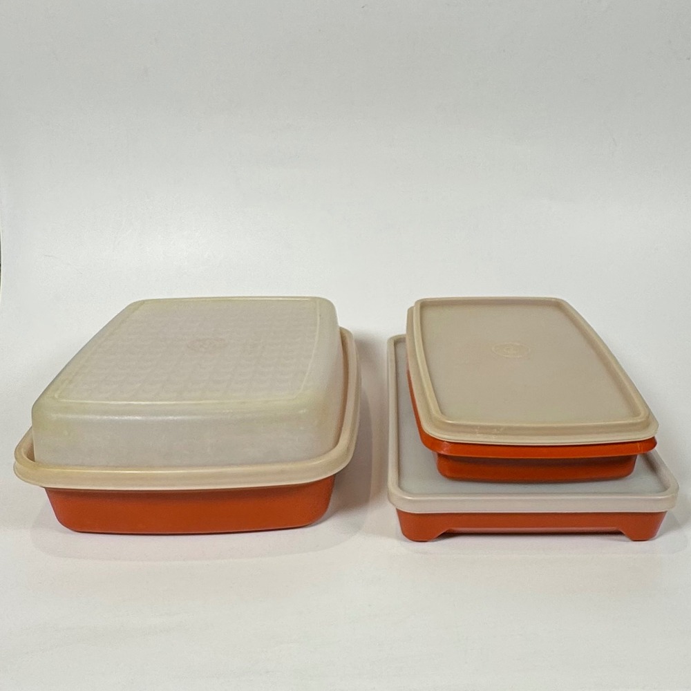Vintage Tupperware Bacon Meat Keeper Set Paprika Red Orange 3pc 794 1292 622